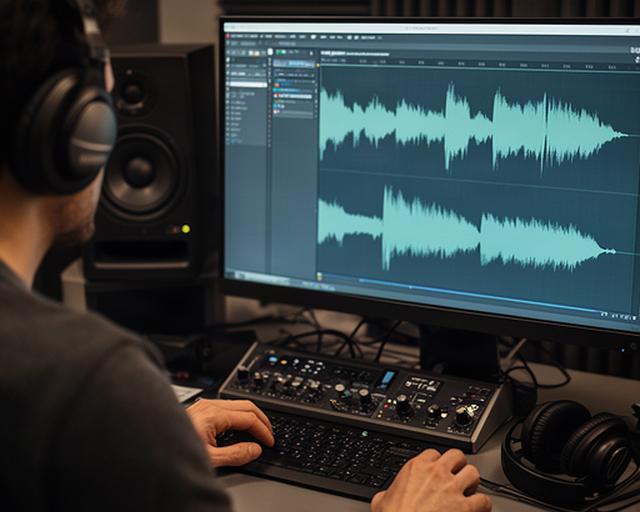 制作デスクでヘッドホンを着け、収録音声の波形を確認しながら編集するスタッフ