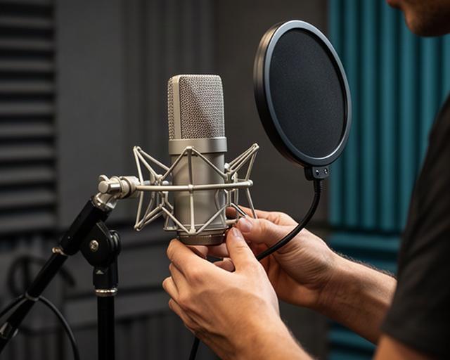 防音を整えた収録スペースでマイクの位置を確認し、音声収録を準備する手元
