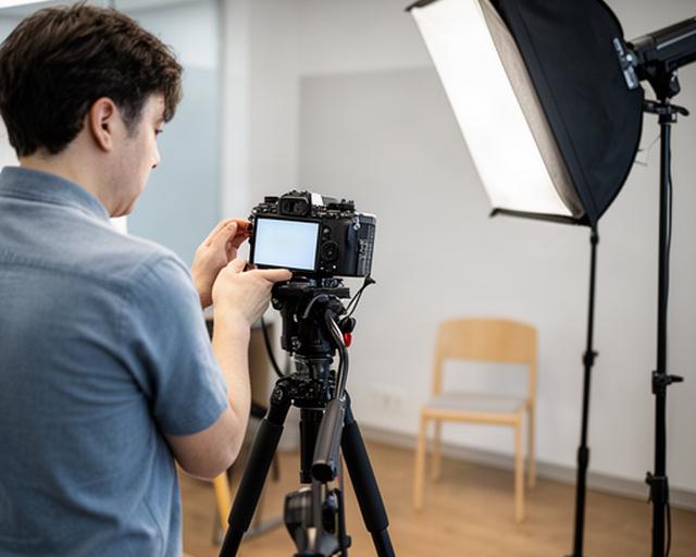 南紀の事業所内でカメラと照明を調整し、インタビュー撮影の画角を確認するスタッフ