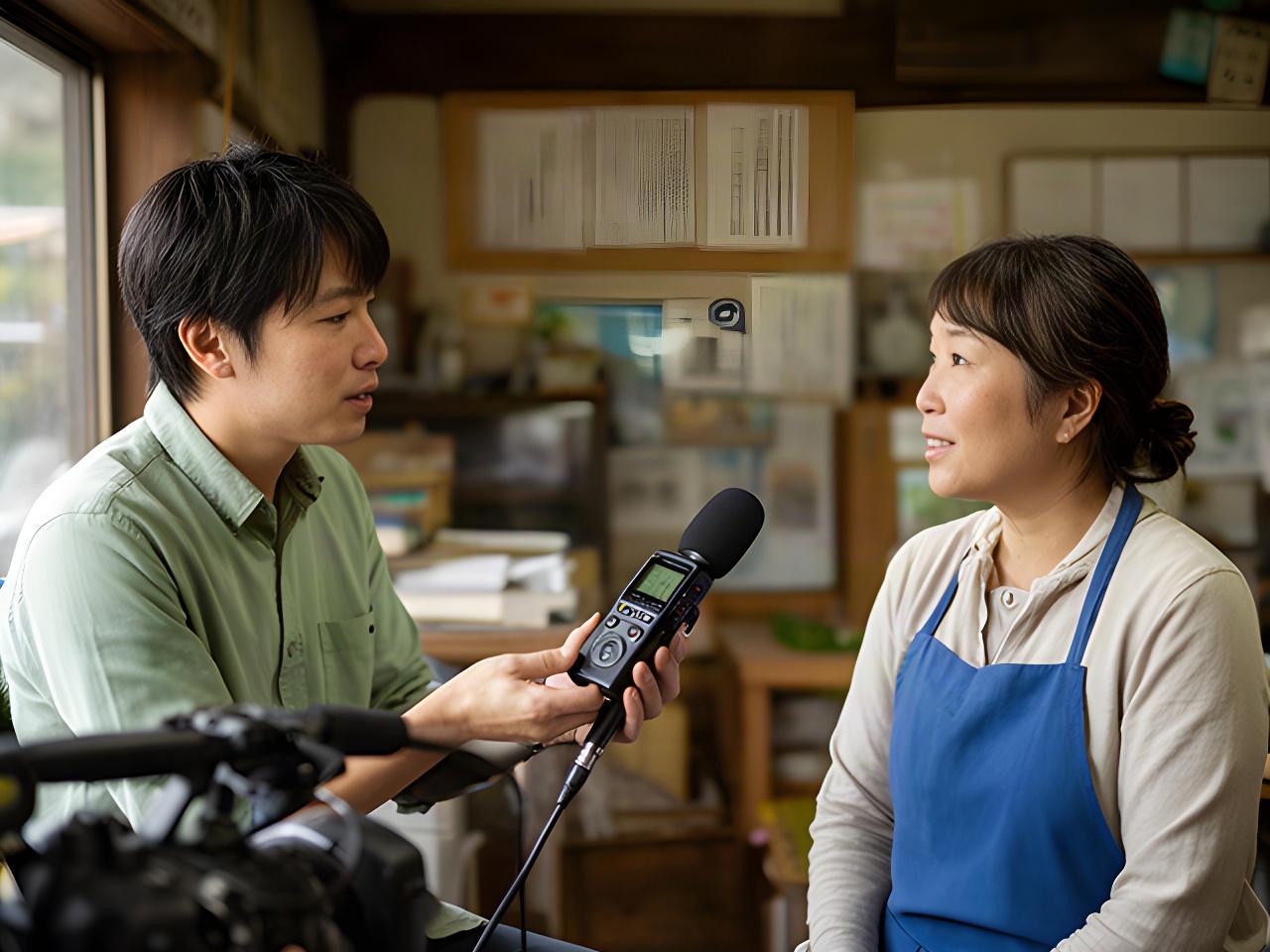 田辺市の地域事業者にスタッフが現地で話を聞き、録音機材を使って取材する様子