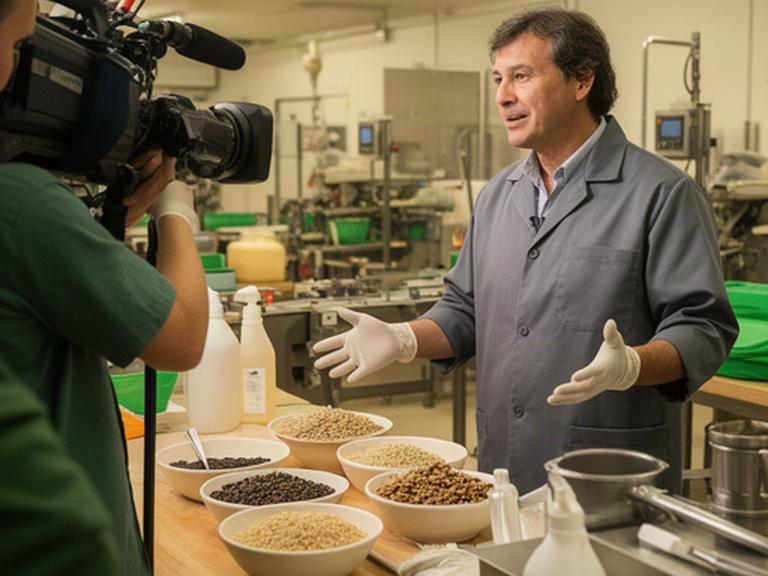 地域産品の製造現場で、事業者が原材料と作業工程を説明する取材の様子