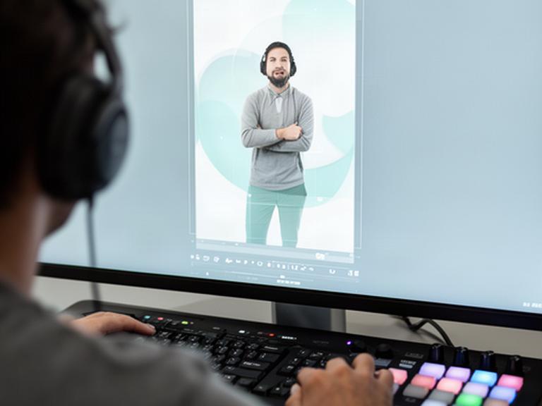 縦型ショート動画用に人物の位置とテロップの余白を調整する編集モニター