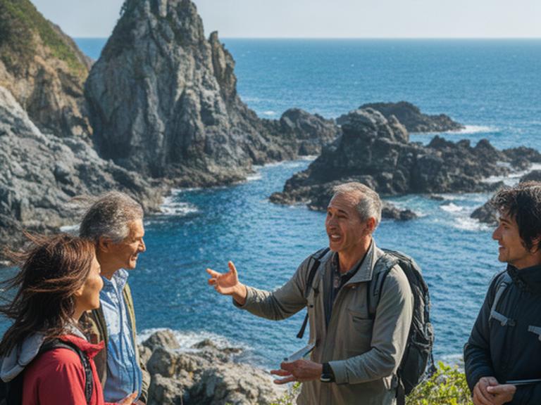 紀南の海辺で旅行者に地域の見どころを案内するガイド、青い海と岩場が見える風景