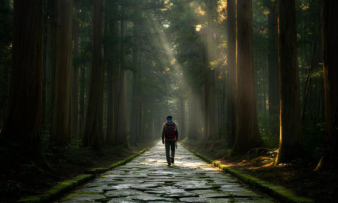 熊野古道の石畳を歩く旅行者、杉木立の間から木漏れ日が差す紀南の道
