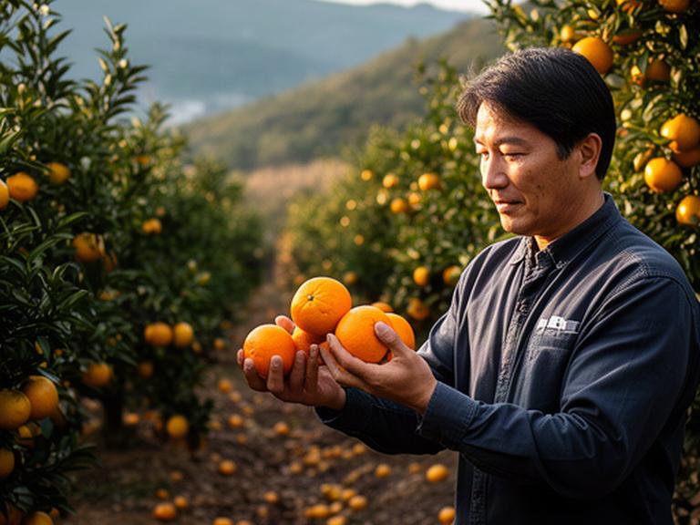 和歌山の農園で生産者が収穫した柑橘を手に取り、畑を背景に状態を確かめている様子