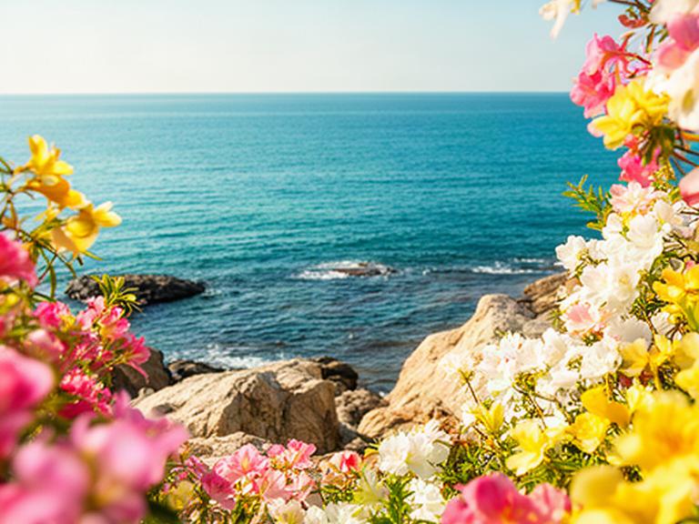 南紀の海岸に咲く季節の花と穏やかな海、観光キャンペーン向けの撮影風景