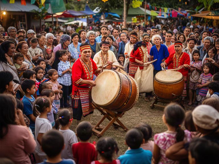 地域の祭りで太鼓を囲み、演奏を見守る住民と子どもたち