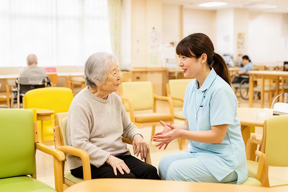 介護事業所の明るい共有スペースで職員が利用者と会話しながら日中のケアを行う様子