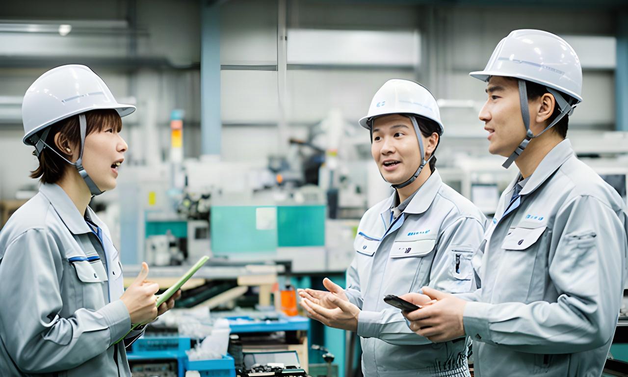 和歌山の製造現場で社員が作業内容を確認し、同僚と自然に話す様子