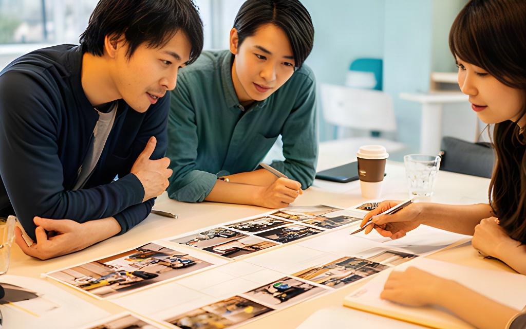 田辺市の制作打ち合わせで採用担当者とスタッフが職場写真を見ながら撮影の順番を相談する様子