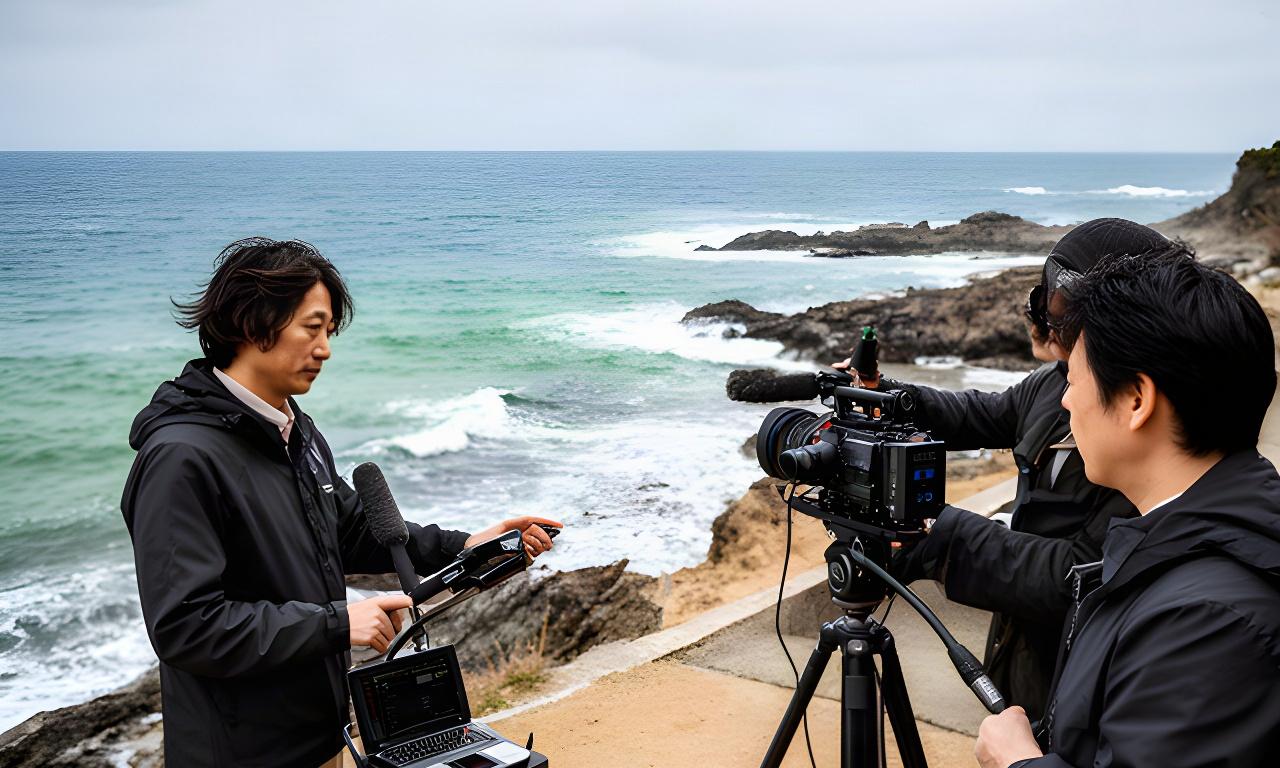 南紀の海辺で、取材スタッフが事業者の話を録音しながら撮影している現場