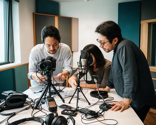 田辺市の制作現場で、スタッフがカメラと音声機材を並べて収録の段取りを確認している様子