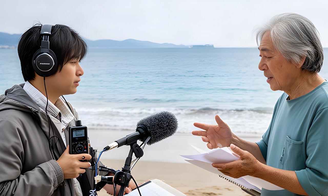 田辺市の海辺で音声収録の準備をし、地元の話し手と内容を確認する制作スタッフ
